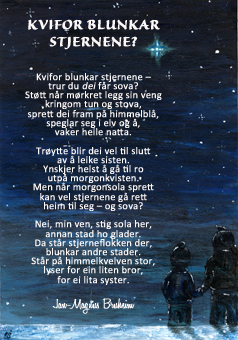 Postkort med diktet "kvifor blunkar stjernene"